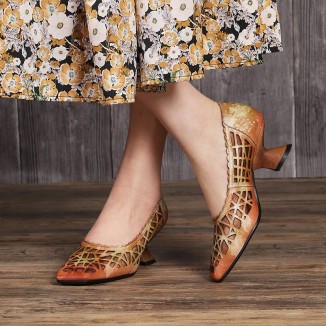 Retro Style Leather Square-Toe Pumps For Women Block Heels Fog Green/Fog Blue