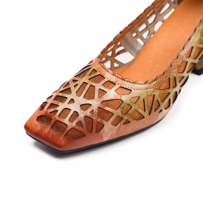 Retro Style Leather Square-Toe Pumps For Women Block Heels Fog Green/Fog Blue