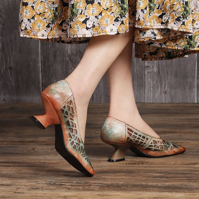 Retro Style Leather Square-Toe Pumps For Women Block Heels Fog Green/Fog Blue