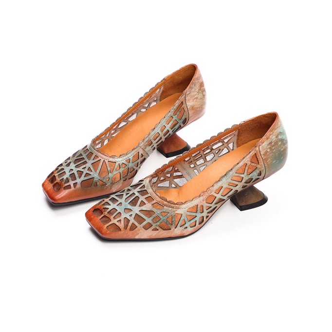 Retro Style Leather Square-Toe Pumps For Women Block Heels Fog Green/Fog Blue