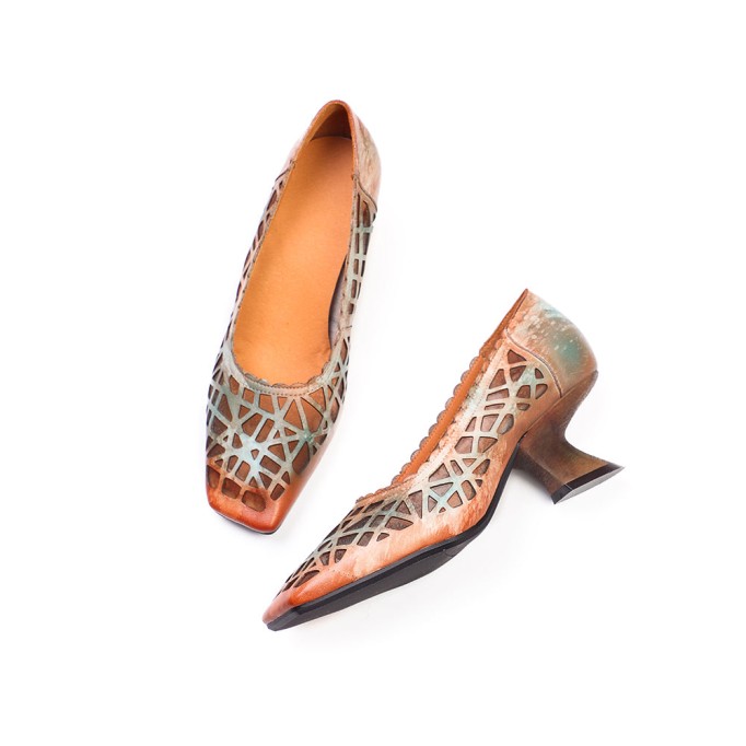 Retro Style Leather Square-Toe Pumps For Women Block Heels Fog Green/Fog Blue