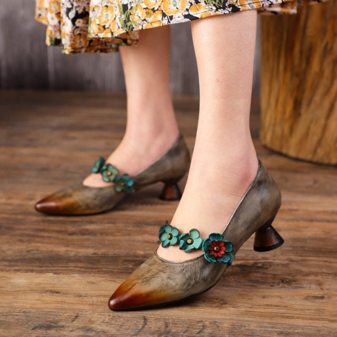Original Design Pumps For Women Leather Handemade Chunky Heel Pointed Shoes Gray