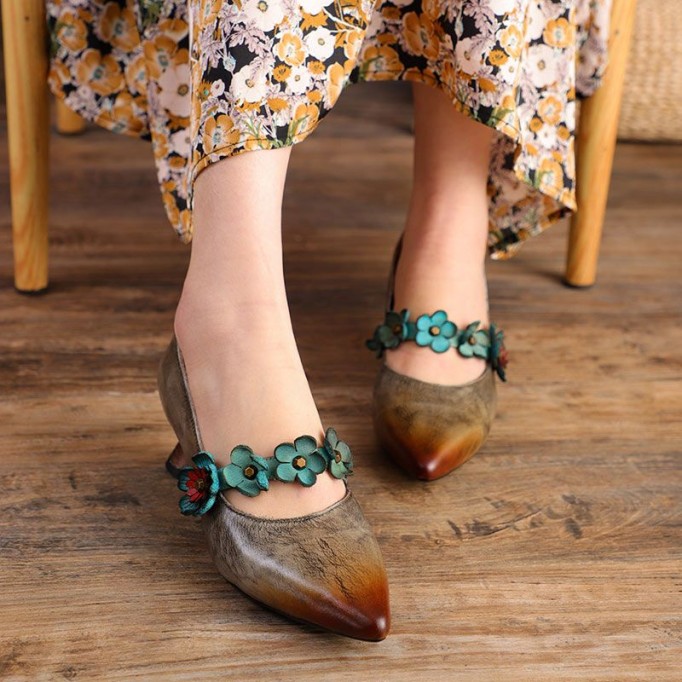 Original Design Pumps For Women Leather Handemade Chunky Heel Pointed Shoes Gray