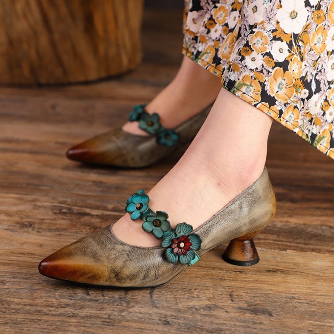 Original Design Pumps For Women Leather Handemade Chunky Heel Pointed Shoes Gray
