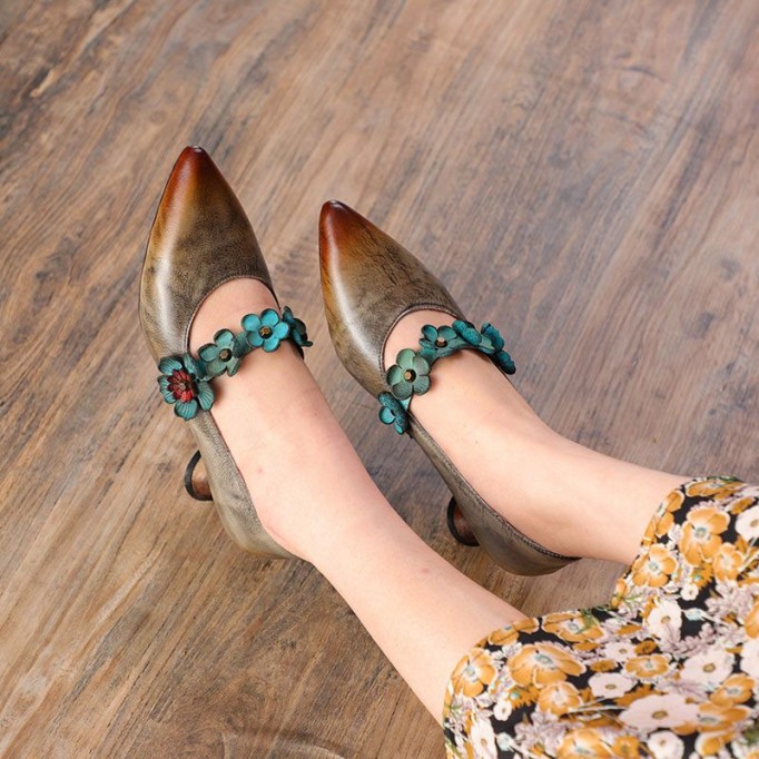 Original Design Pumps For Women Leather Handemade Chunky Heel Pointed Shoes Gray