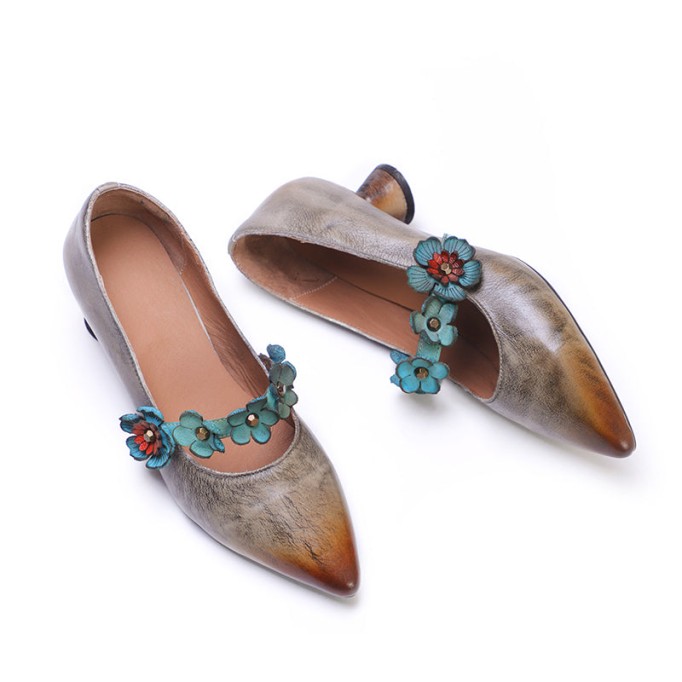 Original Design Pumps For Women Leather Handemade Chunky Heel Pointed Shoes Gray