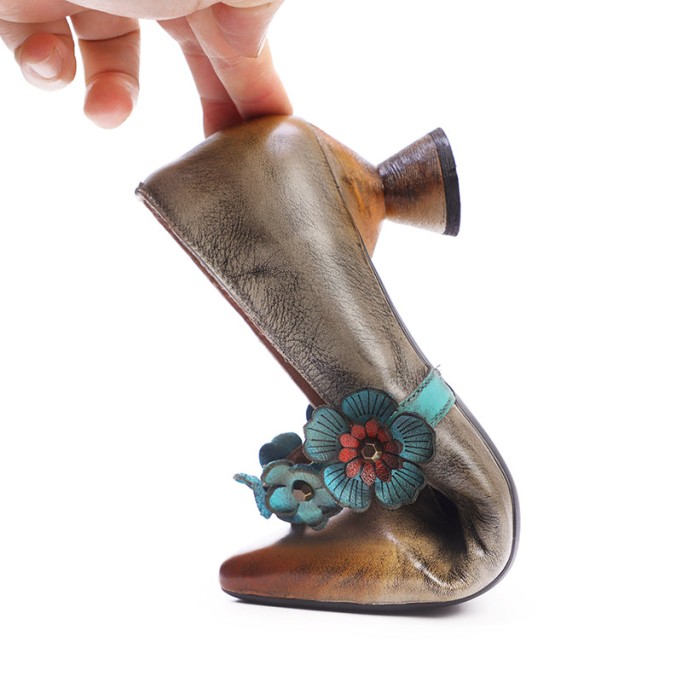 Original Design Pumps For Women Leather Handemade Chunky Heel Pointed Shoes Gray