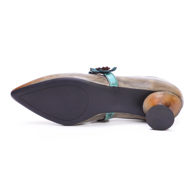 Original Design Pumps For Women Leather Handemade Chunky Heel Pointed Shoes Gray