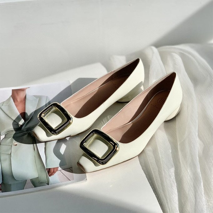 Classic Leather Handmade Ballet Flats in Purple/Black/White/Beige Square Button Design