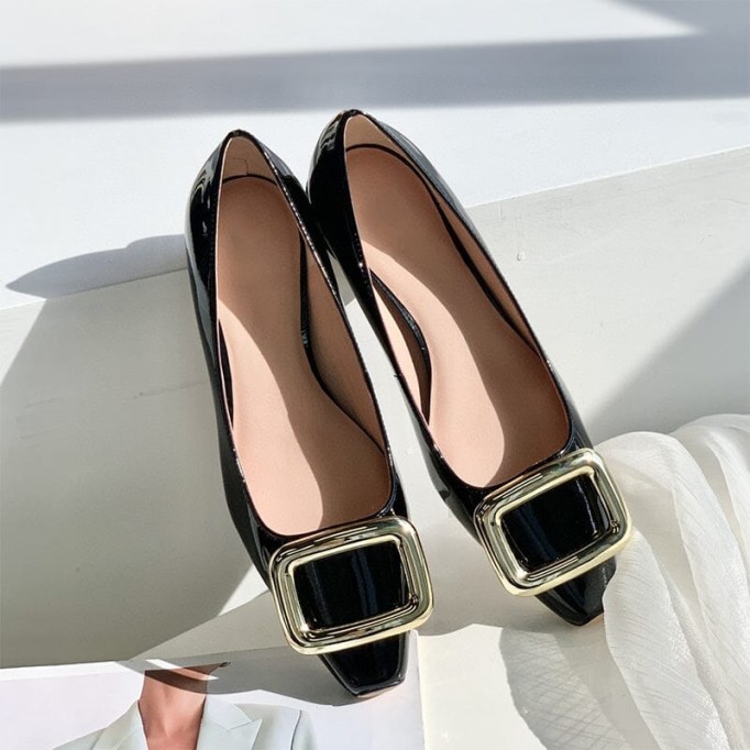 Classic Leather Handmade Ballet Flats in Purple/Black/White/Beige Square Button Design