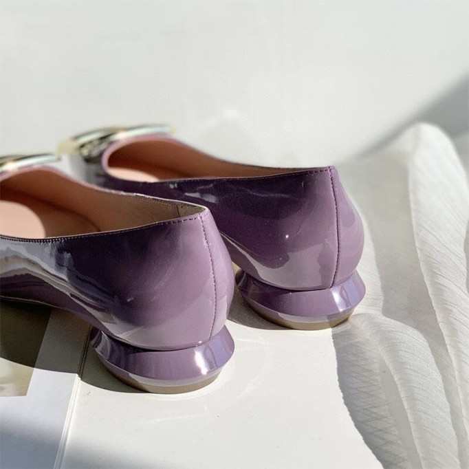 Classic Leather Handmade Ballet Flats in Purple/Black/White/Beige Square Button Design