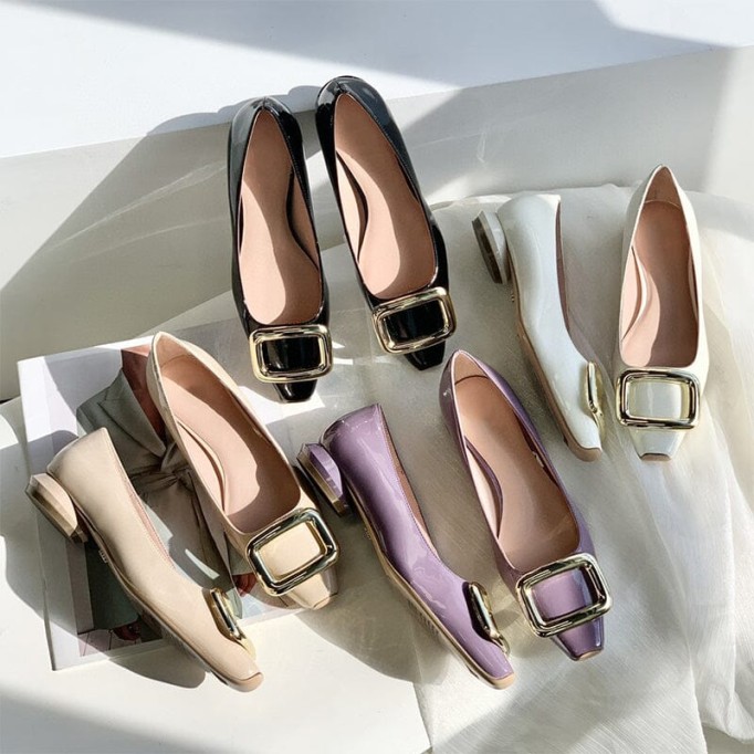 Classic Leather Handmade Ballet Flats in Purple/Black/White/Beige Square Button Design