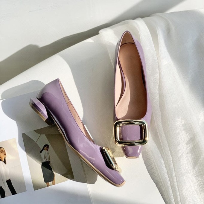 Classic Leather Handmade Ballet Flats in Purple/Black/White/Beige Square Button Design