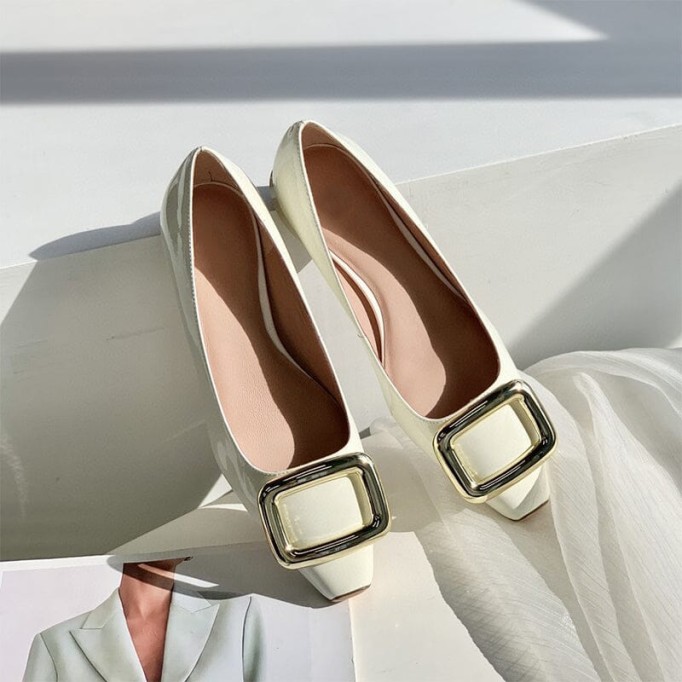 Classic Leather Handmade Ballet Flats in Purple/Black/White/Beige Square Button Design