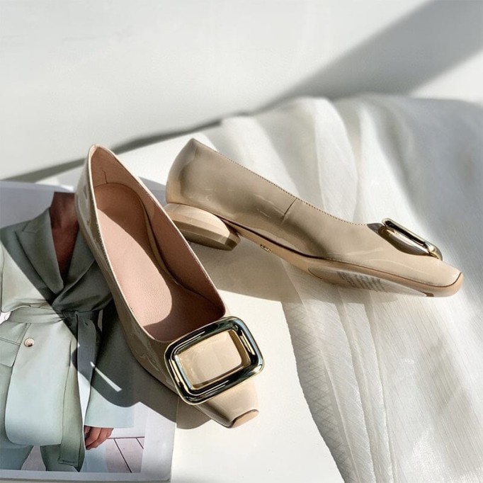 Classic Leather Handmade Ballet Flats in Purple/Black/White/Beige Square Button Design