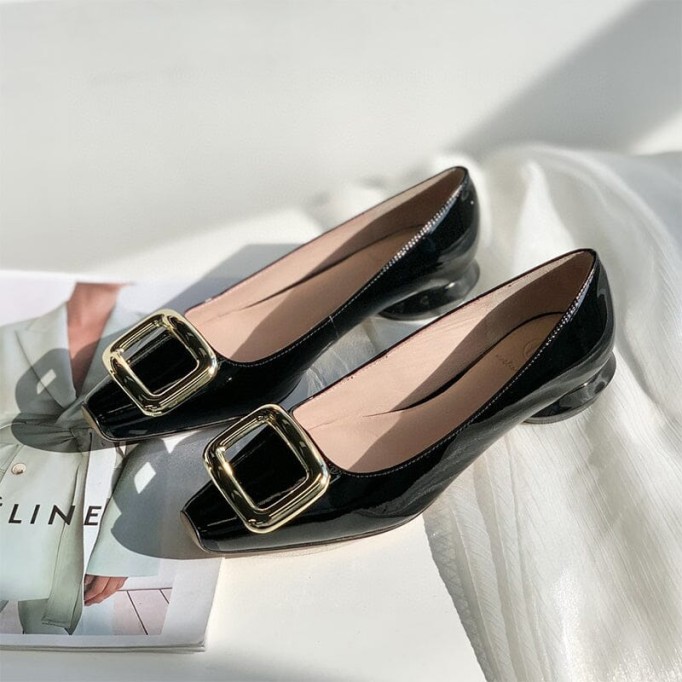 Classic Leather Handmade Ballet Flats in Purple/Black/White/Beige Square Button Design