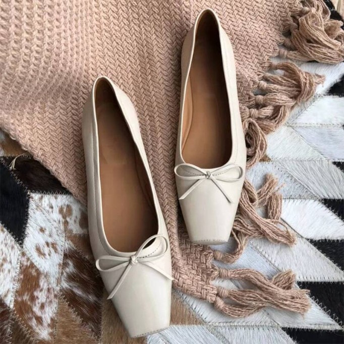 Square Toe Bowknot Womens Dress Shoes Ballerina Flats in Black/White/Nude/Grey