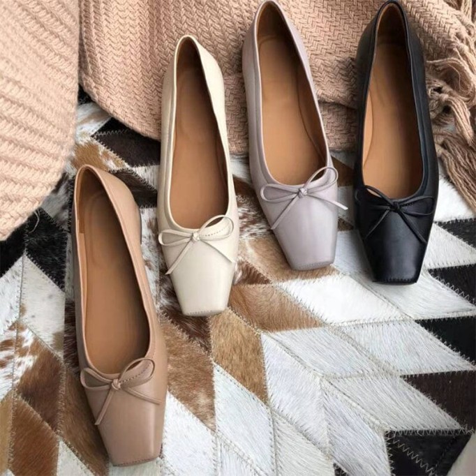 Square Toe Bowknot Womens Dress Shoes Ballerina Flats in Black/White/Nude/Grey