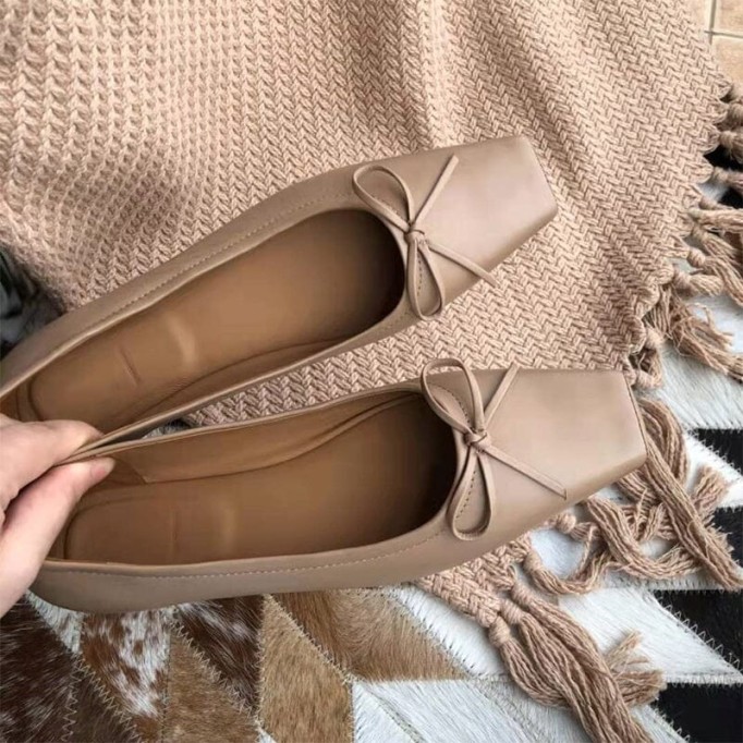 Square Toe Bowknot Womens Dress Shoes Ballerina Flats in Black/White/Nude/Grey