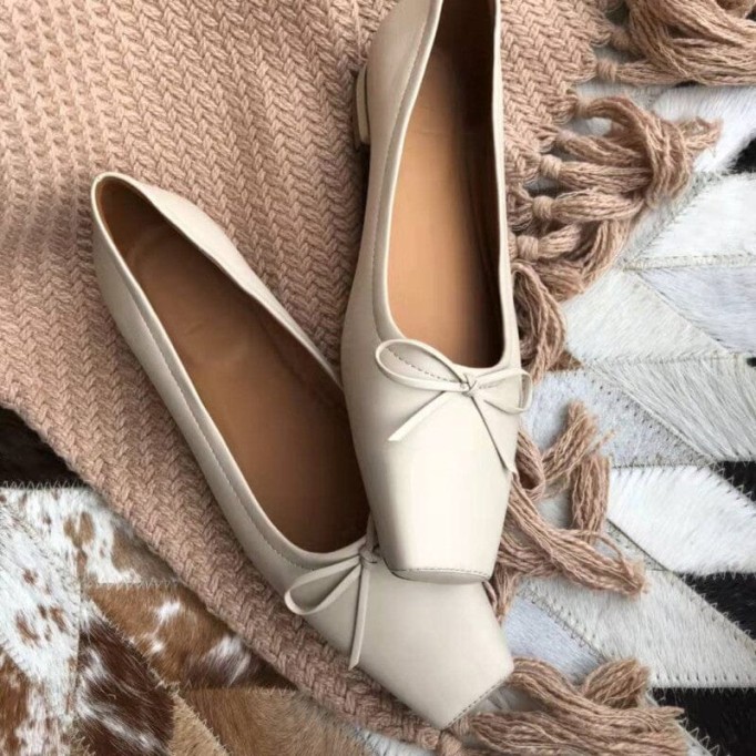 Square Toe Bowknot Womens Dress Shoes Ballerina Flats in Black/White/Nude/Grey