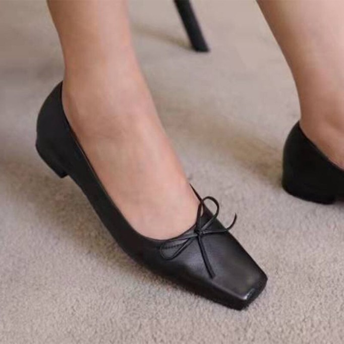Square Toe Bowknot Womens Dress Shoes Ballerina Flats in Black/White/Nude/Grey