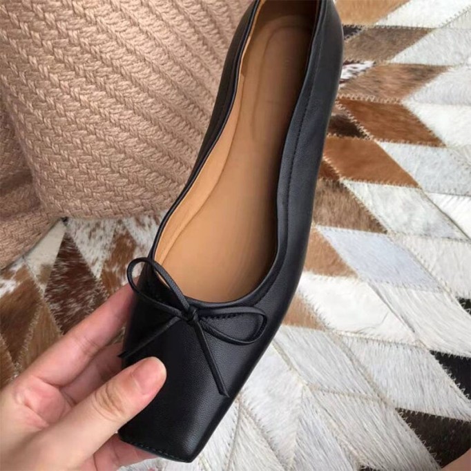 Square Toe Bowknot Womens Dress Shoes Ballerina Flats in Black/White/Nude/Grey