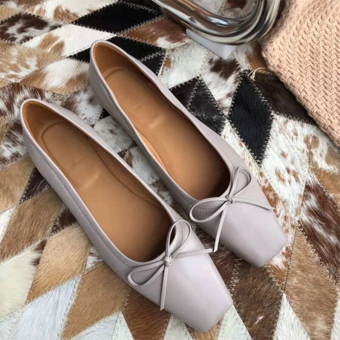 Square Toe Bowknot Womens Dress Shoes Ballerina Flats in Black/White/Nude/Grey