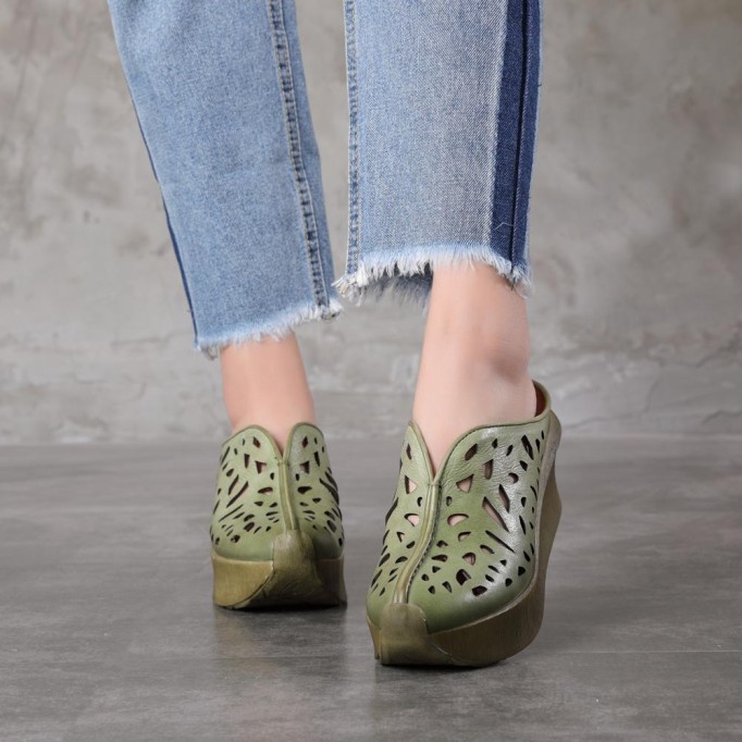 Genuine Leather Platform Slippers Handmade Thick Heel Hollow Pattern Slip-Ons Caramel/Green