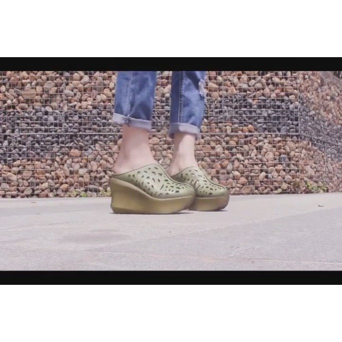 Genuine Leather Platform Slippers Handmade Thick Heel Hollow Pattern Slip-Ons Caramel/Green