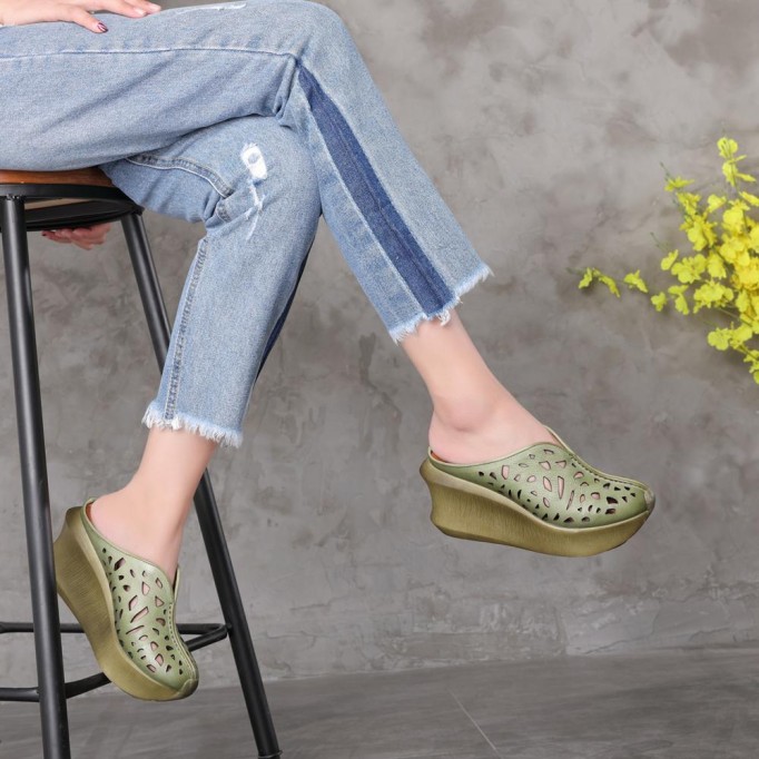 Genuine Leather Platform Slippers Handmade Thick Heel Hollow Pattern Slip-Ons Caramel/Green