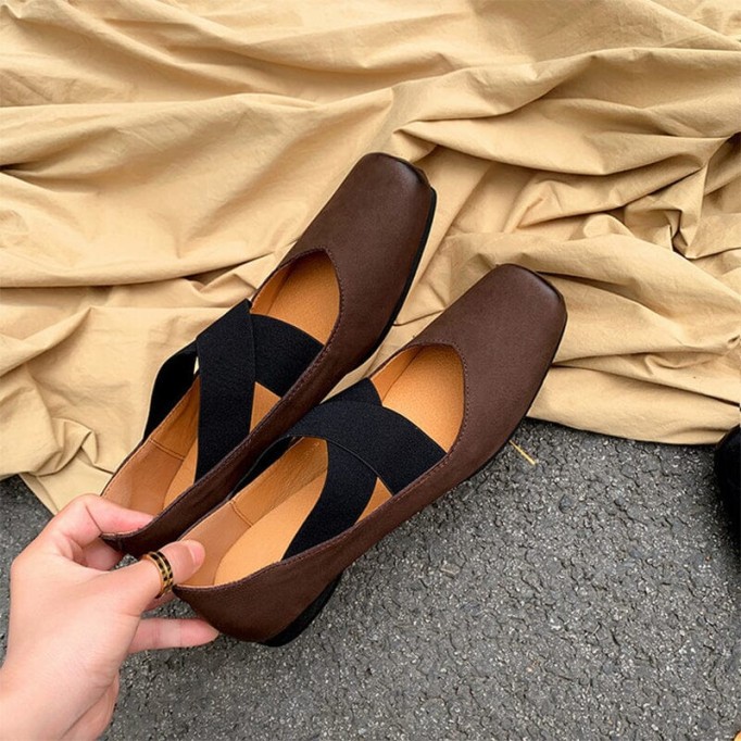 Leather Ballet Flats with Cross-Strap Square Toe in Black/Brown/Apricot