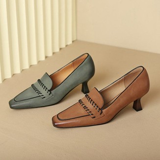 Womens Handmade Leather Square Toe Kitty Heel Slip On Pumps in Brown/Khaki