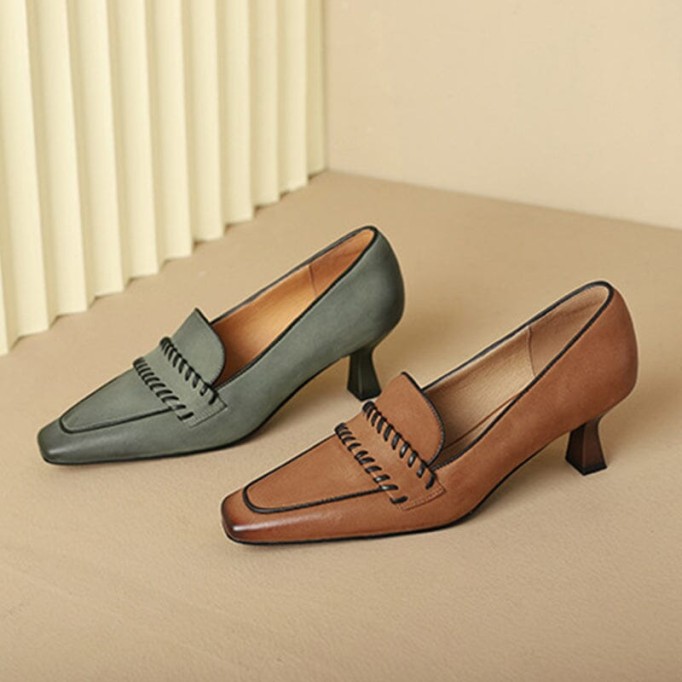 Womens Handmade Leather Square Toe Kitty Heel Slip On Pumps in Brown/Khaki