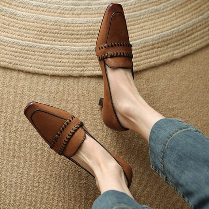 Womens Handmade Leather Square Toe Kitty Heel Slip On Pumps in Brown/Khaki