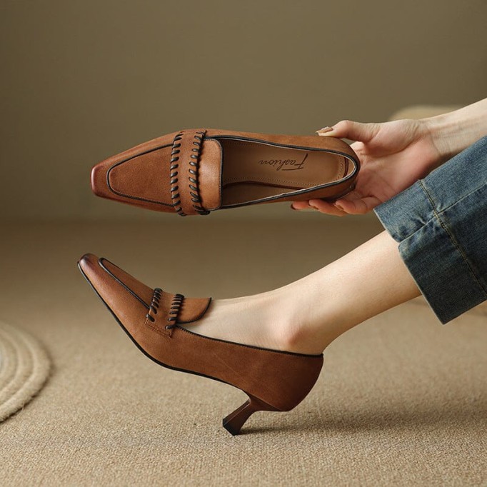 Womens Handmade Leather Square Toe Kitty Heel Slip On Pumps in Brown/Khaki