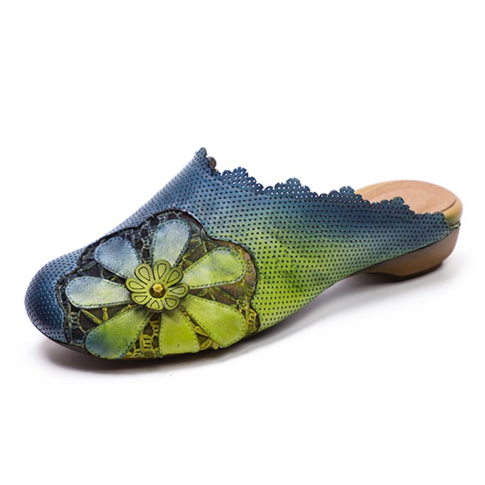 Leather Slippers Platform Flops Flat Shoes Yellow/Green