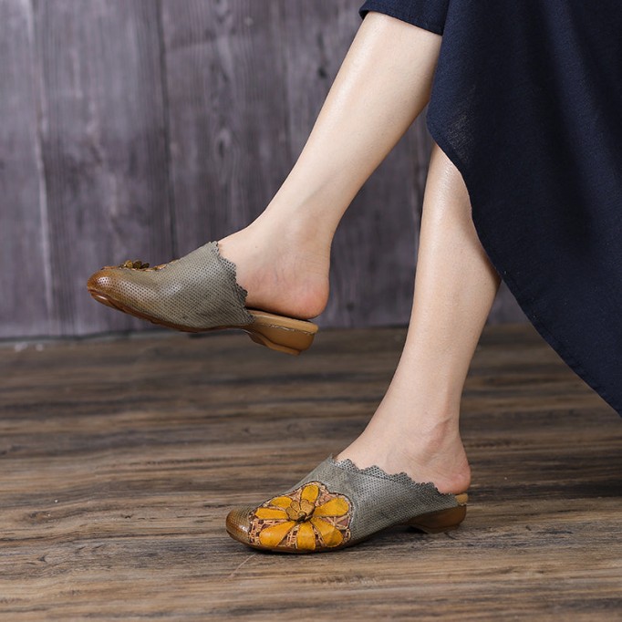 Leather Slippers Platform Flops Flat Shoes Yellow/Green