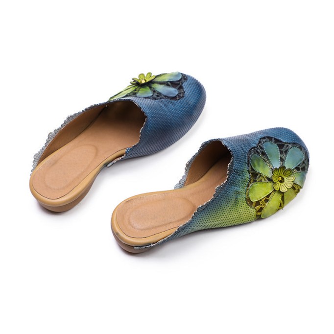 Leather Slippers Platform Flops Flat Shoes Yellow/Green
