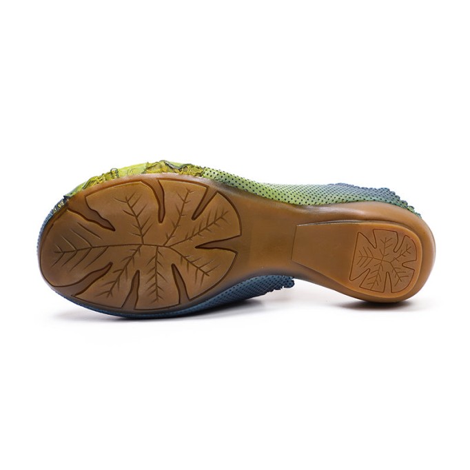 Leather Slippers Platform Flops Flat Shoes Yellow/Green