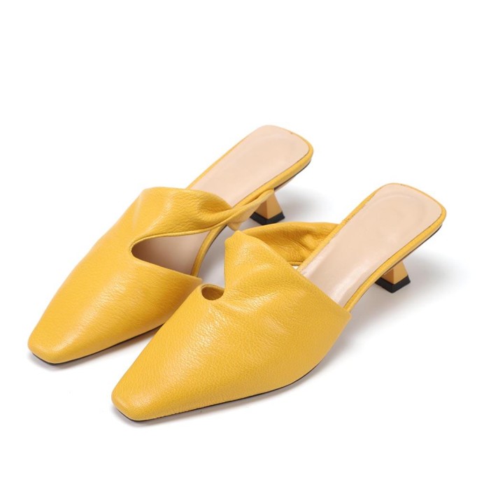 Leather Mid Heel Mules Summer Slippers Handmade Elegant Pumps Pink/Black/White/Yellow