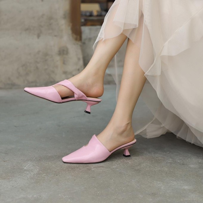 Leather Mid Heel Mules Summer Slippers Handmade Elegant Pumps Pink/Black/White/Yellow