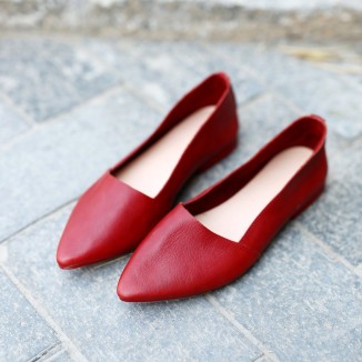 Designer Shoes Genuine Leather Slip-on For Women Handmade Pointed Toe Flats Green/Yellow/Red/Black/Grey