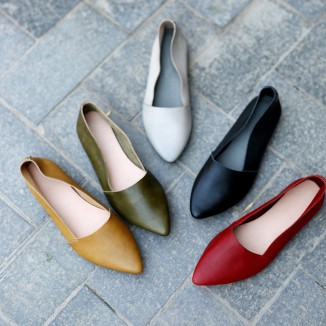 Designer Shoes Genuine Leather Slip-on For Women Handmade Pointed Toe Flats Green/Yellow/Red/Black/Grey