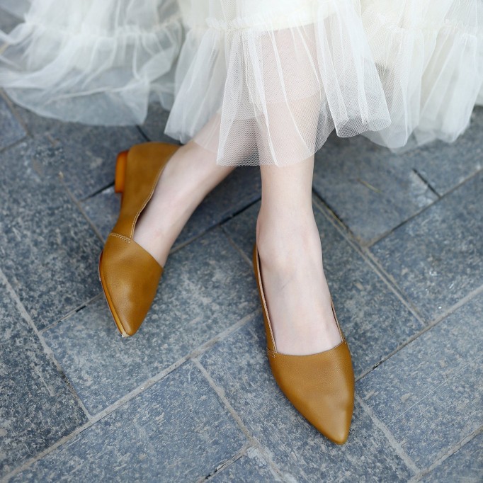 Designer Shoes Genuine Leather Slip-on For Women Handmade Pointed Toe Flats Green/Yellow/Red/Black/Grey