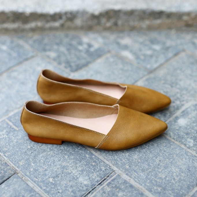 Designer Shoes Genuine Leather Slip-on For Women Handmade Pointed Toe Flats Green/Yellow/Red/Black/Grey