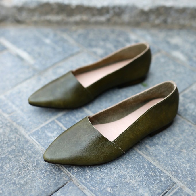 Designer Shoes Genuine Leather Slip-on For Women Handmade Pointed Toe Flats Green/Yellow/Red/Black/Grey