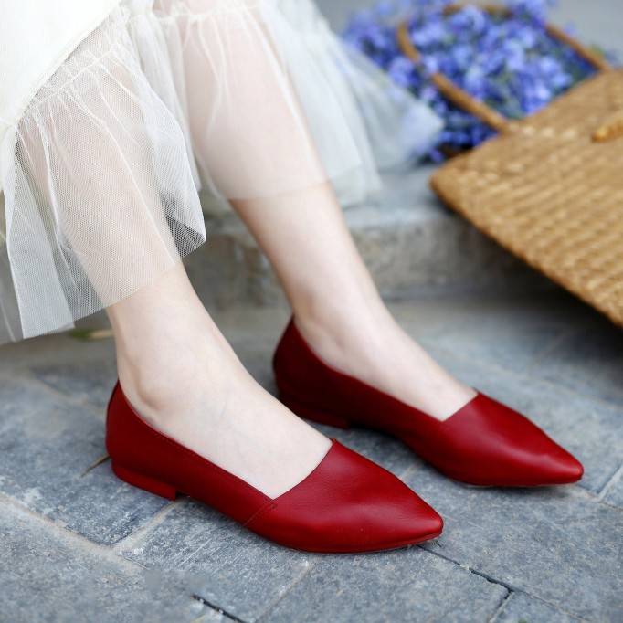 Designer Shoes Genuine Leather Slip-on For Women Handmade Pointed Toe Flats Green/Yellow/Red/Black/Grey