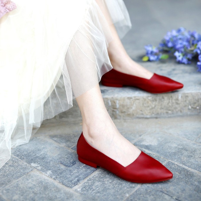 Designer Shoes Genuine Leather Slip-on For Women Handmade Pointed Toe Flats Green/Yellow/Red/Black/Grey