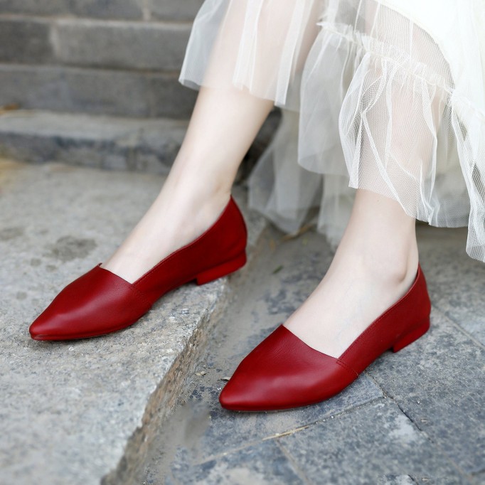 Designer Shoes Genuine Leather Slip-on For Women Handmade Pointed Toe Flats Green/Yellow/Red/Black/Grey