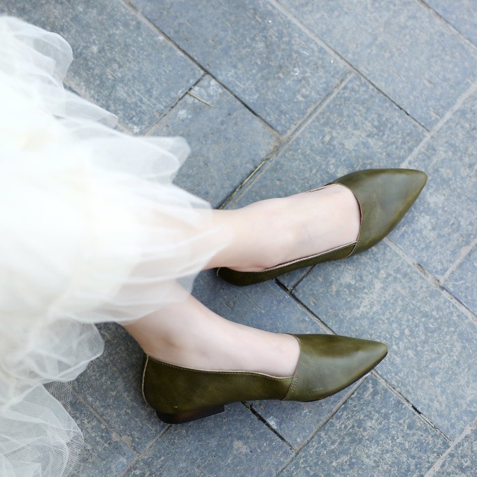 Designer Shoes Genuine Leather Slip-on For Women Handmade Pointed Toe Flats Green/Yellow/Red/Black/Grey